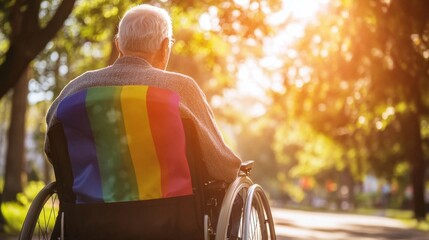 National Honor Our LGBT Elders Day. Elderly caucasian male in wheelchair with rainbow pride flag in sunlit park