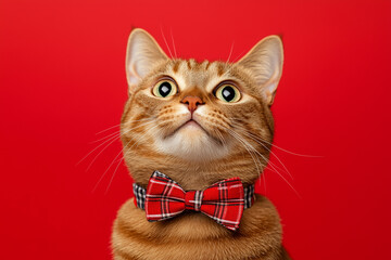 Charming ginger cat wearing a red plaid bow tie, looking up with a festive red background.