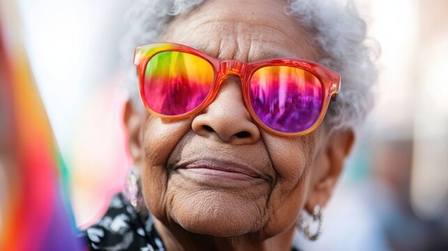 National Honor Our LGBT Elders Day. Elderly african female with rainbow sunglasses reflecting pride festival