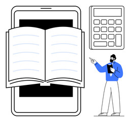 Open book on smartphone screen symbolizes e-learning, calculator highlights calculations, teacher points while holding a notepad. Ideal for education, online learning, technology, teaching, remote