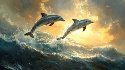 Fototapeta premium Two dolphins are leaping from the ocean waves into sunlight