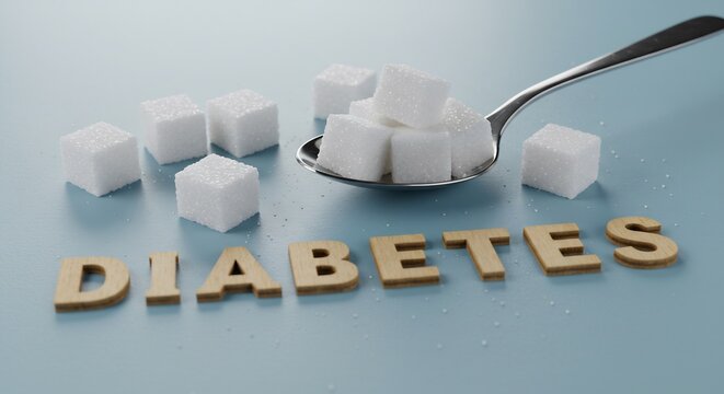 High Sugar Intake and Diabetes Risk: White Sugar Cubes on Spoon near Wooden Diabetes Letters on Blue Background