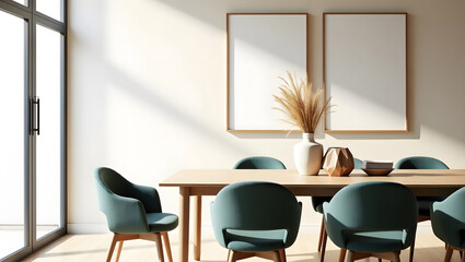 Bright and modern dining room with two blank frames on the wall for displaying art or designs