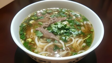 Serving of Tasty Noodle Soup with Beef and Cilantro Garnish