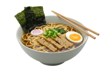 Delicious bowl of ramen with soft-boiled egg, bamboo shoots, seaweed, green onions, and fish cake served with chopsticks on a white background
