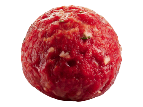 Close-up of a single, perfectly round meatball coated in rich tomato sauce.  Ideal for food blogs, recipe websites, and restaurant menus.  High-resolution image perfect for print or digital use.