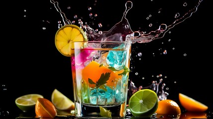 Refreshing Fruit Cocktail Glass Splashing with Colorful Ice and Citrus