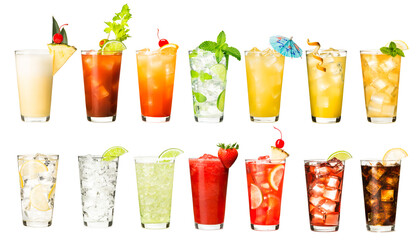 Pi&ntilde;a Colada, bloody mary, tequila sunrise, mojito, long island iced tea, margarita, strawberry daiquiri and several other cocktails isolated on white