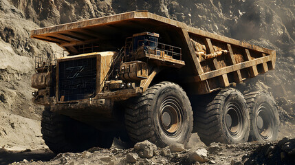 Obraz premium A huge dump truck used for transporting ores from the mine, crossing rough terrain, with heavy-duty wheels and a large load of minerals on board.