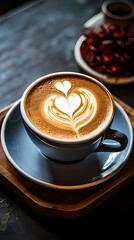 Latte Art Heart Design in Cup on Table with Drink