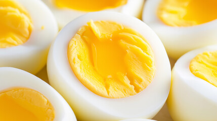 Close-up of halved soft-boiled eggs with creamy yolks.
