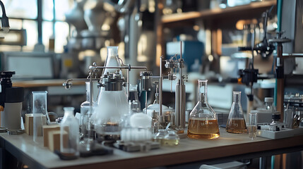 A laboratory scene with platinum-based catalysts arranged on a workbench, surrounded by industrial tools and equipment, highlighting their role in chemical reactions.