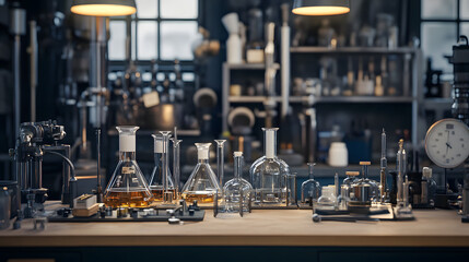 Fototapeta premium A laboratory scene with platinum-based catalysts arranged on a workbench, surrounded by industrial tools and equipment, highlighting their role in chemical reactions.