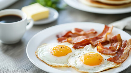 A breakfast plate with sunny-side-up eggs and crispy bacon served on a white dish.
