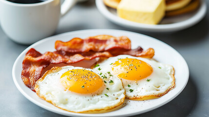 A breakfast plate with sunny-side-up eggs and crispy bacon served on a white dish.
