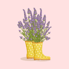 Bouquet of lavender flowers in yellow rain boots. Spring composition for women's day, mother's day, birthday and other holidays. Spring floral design isolated vector illustration.