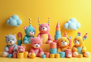 Obraz premium colorful toys bright background playful arrangement fun vibrant collection cheerful, toyset, plaything, children, plastic, wooden, stuffed, blocks, puzzles
