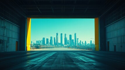 Cityscape viewed from industrial hangar doorway
