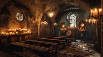 Obraz premium A forgotten underground church with candlelit altars.