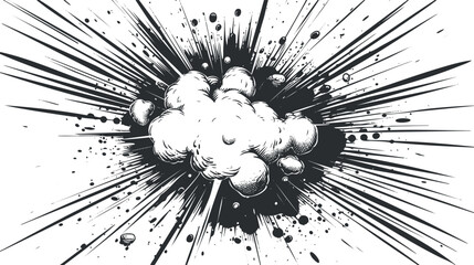 Black and white comic explosion illustration with dynamic lines and impact.