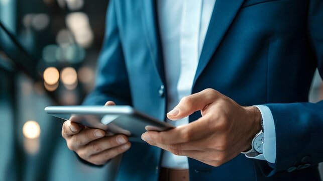 Modern Professional: A sharp businessman in a tailored suit uses a digital tablet, epitomizing modern work. The image captures the details of a contemporary professional setting.