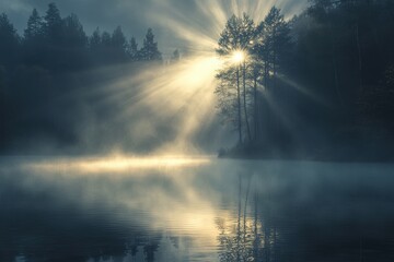 Fototapeta premium Sunbeams Breaking Through the Fog on a Serene Lake