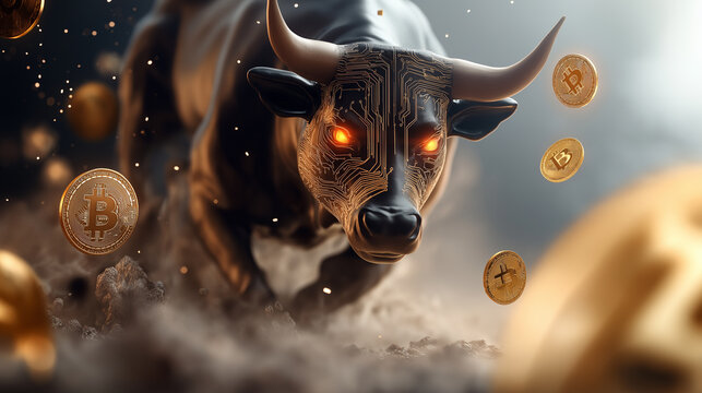 A powerful bull with glowing red eyes charging through flying cryptocurrency coins in a dramatic setting.
