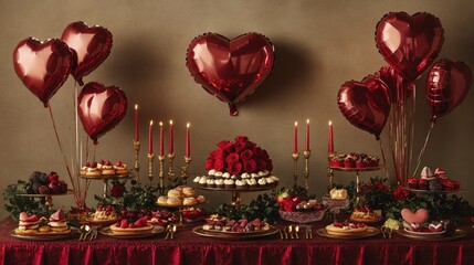 Romantic Valentine's Day Dessert Table with Red Heart Balloons