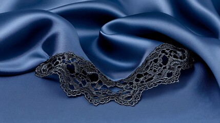 Obraz premium Elegant Blue Satin Fabric with Intricate Black Lace Detailing for Fashion and Textile Backgrounds