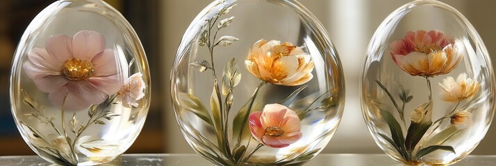 Fototapeta premium Three elegant glass vases filled with vibrant flowers are artfully arranged on a wooden table, enhancing the room's aesthetic charm.