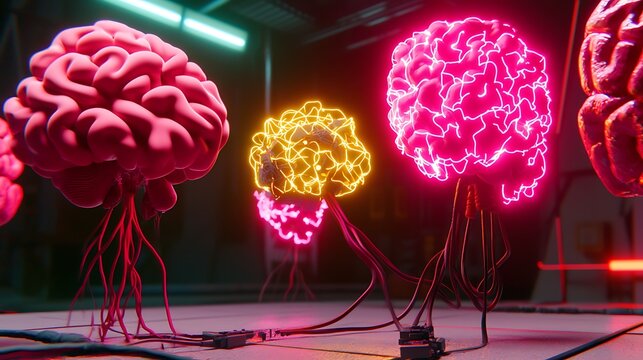 Futuristic Neon Brain Structures with Connectivity Cables in a High-Tech Environment