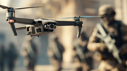 A military drone flying with soldiers in the background, focused on the drone.
