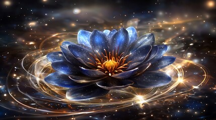 Cosmic Lotus Flower in Dark Space with Glowing Lights and Swirling Energy Background for Serenity
