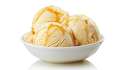 Three scoops of vanilla ice cream with caramel topping in a bowl