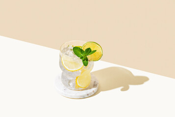 Fresh cocktail mojito with lemon, lime, mint and ice. Citrus lemonade on a white beige background.