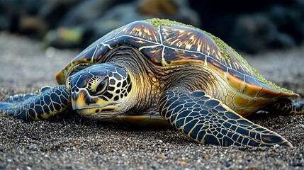  A sea turtle on the beaches of the Pacific, serene wildlife moment of a marine creature in its natural coastal habitat