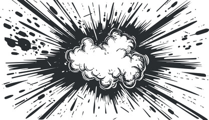 Black and white comic-style explosion illustration with dynamic splatter effect.
