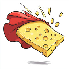 Cartoon cheese slice flying with a red superhero cape, pieces breaking off as it zooms through the air with power.