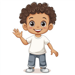 Obraz premium Smiling cartoon boy with curly hair waving hand, wearing a white shirt and jeans, looking friendly and happy.
