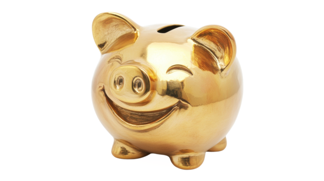 Gold piggy bank with smiling face, symbolizes wealth and saving concept