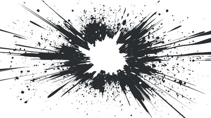 Abstract black ink splash on white background with dynamic splatter effect.