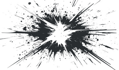 Abstract black and white explosion splash with dynamic splatter design.