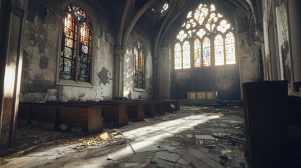 Fototapeta premium Abandoned Sanctuary Sunlight Streaming Through Stained Glass Windows in a Decaying Interior