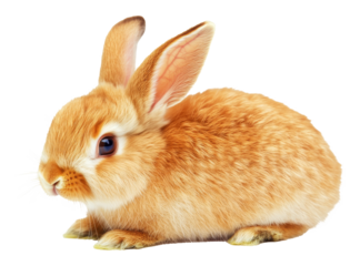 Adorable tan rabbit sitting against white, transparent background, cute pet concept