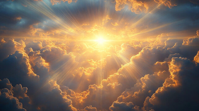 An ethereal and divine heavenly sky with cinematic clouds and rays of sunlight, ideal for spiritual themes, worship, prayer, or fantasy artwork.