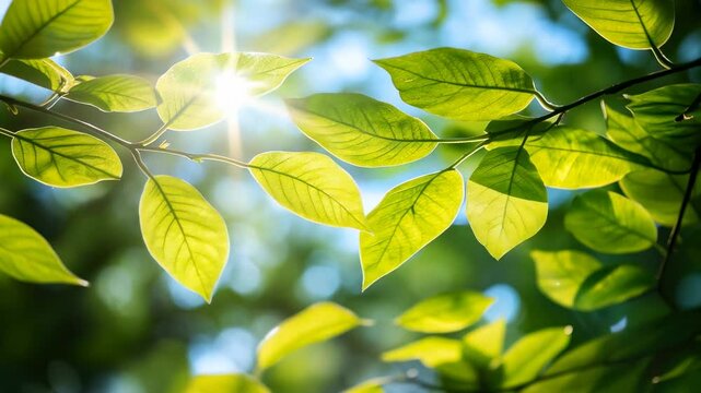 Sunlight filters through vibrant green leaves, captured from a low-angle, creating a serene, nature-inspired video scene with a fresh, organic feel. Live desktop wallpaper.