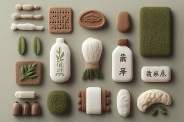 Obraz premium A collection of minimalist, stylized, naturalistic, herbal beauty and hygiene items