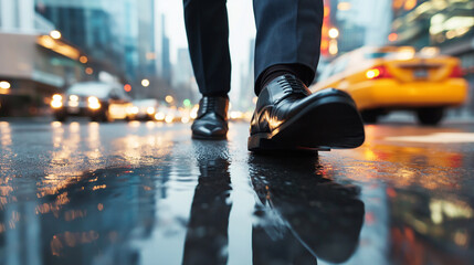 Fototapeta premium A person walking in formal shoes on a wet city street, with reflections on the pavement and urban buildings in the background.
