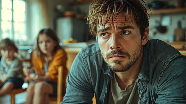 Stressed Father with Children in Kitchen