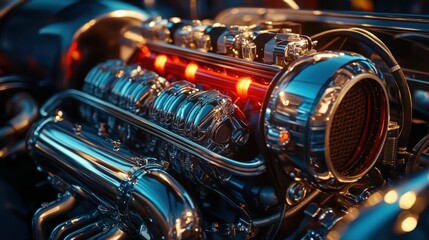 Fototapeta premium A turbocharged performance car engine with a bold red glow emanating from the fuel injection system